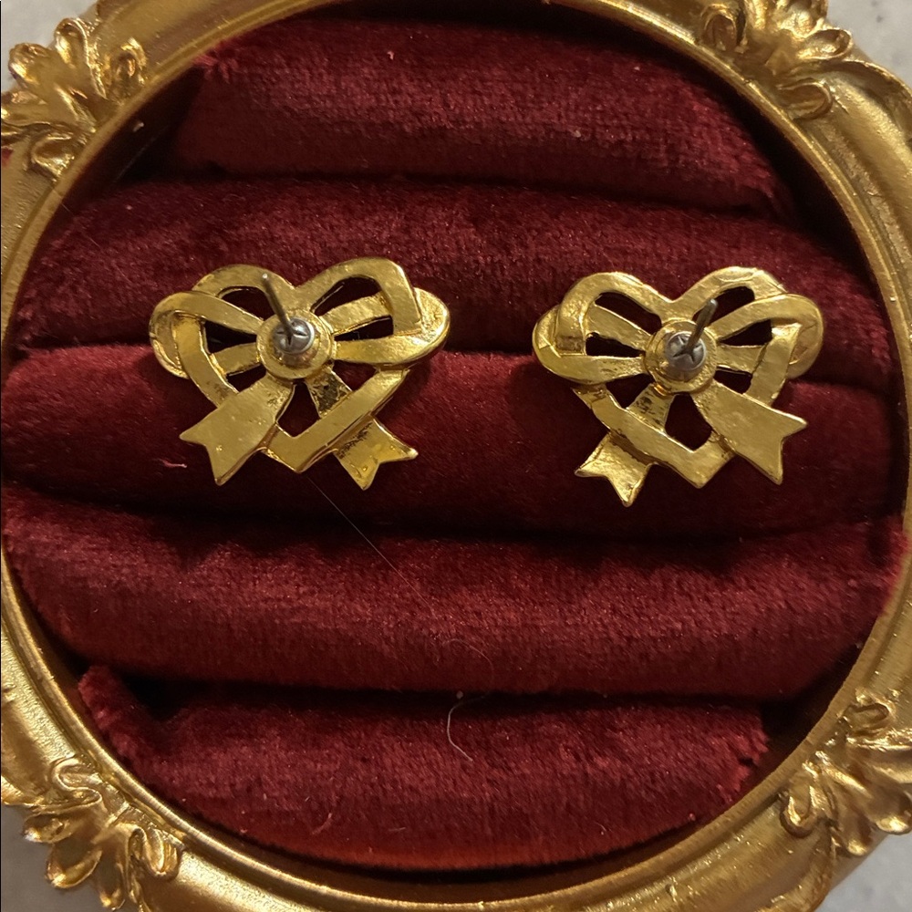 D’Orlan Gold Heart Bow Ruby Rhinestone Accented Earrings - Picture 3 of 5